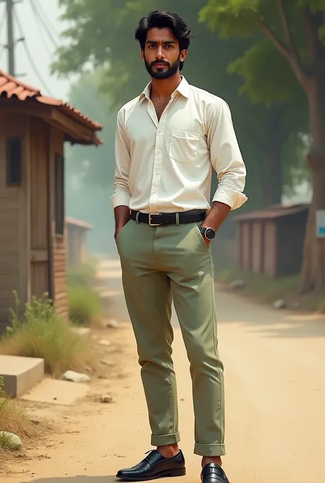 a slim skinny Pakistani darkest-skinned boy in peach-green cotton pants and a white shirt. standing at the village bus stop. moustache and light beard. full body picture. head to toe. perfect dressing and wear a black belt. silky hair, black long shoes. da...