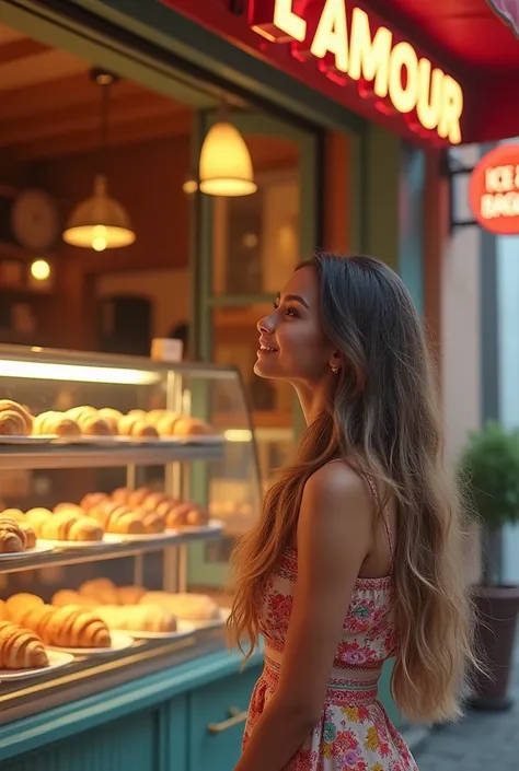 lovely cute young attractive indian girl, brown eyes, cute, an Instagram model, long blonde_hair, colorful hair, , Indian, wearing salwar-kameez and dupatta, background and pose Create an image of a young woman standing outside a cozy bakery, gazing at the...