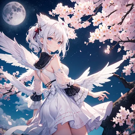 White hair, wings, man, fantasy, full moon, night, magic, cherry blossoms, beautiful stars々