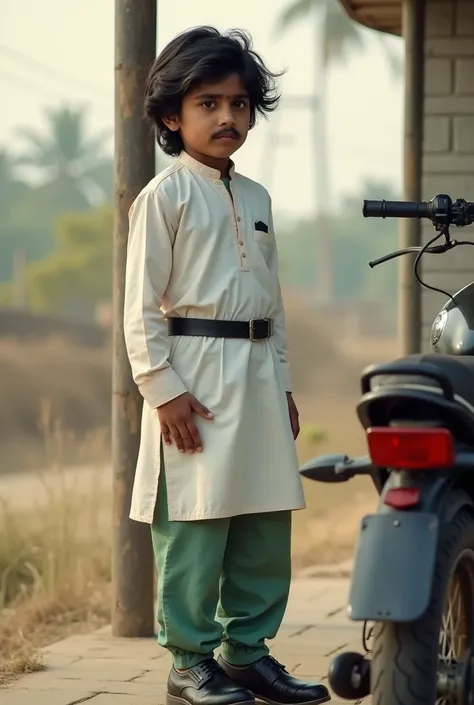 a slim skinny Pakistani darkest-skinned boy in peach-green cotton pants and a white shirt. standing at the village bus stop. moustache and light beard. full body picture. head to toe. perfect dressing and wear a black belt. silky hair, black long shoes. da...