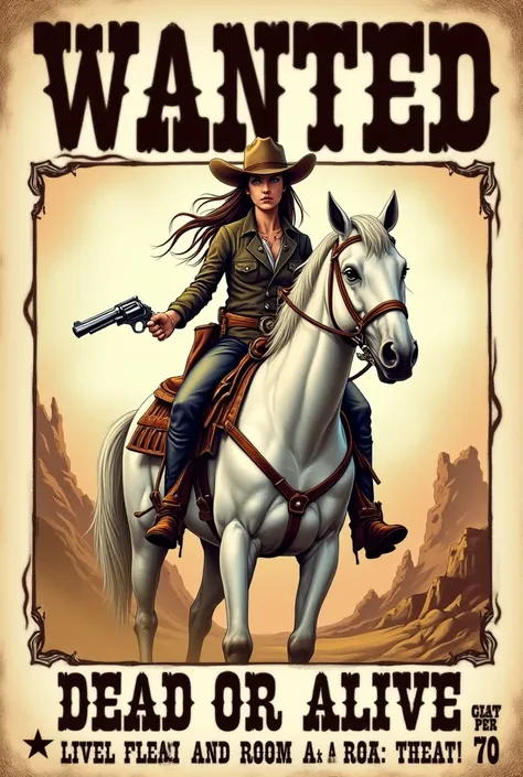 Create a wanted poster with a reward of 70$ dead or alive the name of the poster will be meatrice the pictue will be a cowgirl riding white horse holding revolver,((picture style is hand draw sketch))