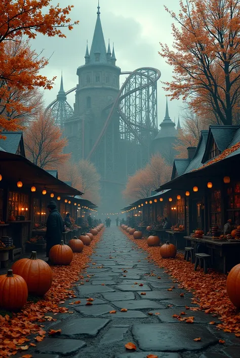 Phantasialand theme area including launch coaster with inversions 100% realistic, Grim, illuminated, not exaggerated, entire layout, Halloween, stalls on the roadside, Pumpkins, orange leaves 