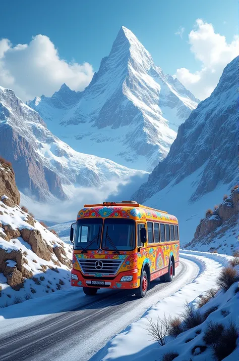 A colorful bus traveling along a mountain road surrounded by snow-capped peaks.