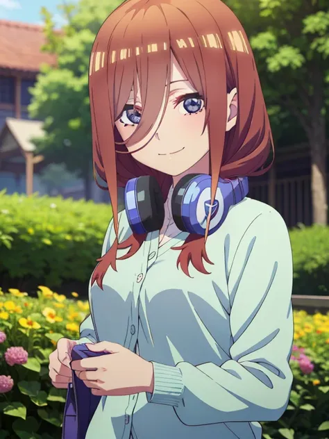 (masutepiece, Best Quality, hight resolution, nffsw, Perfect Pixel, depth of fields, 4K), Beautiful anime girl, Perfect body,, , miku nakano, cardigan, headphones around neck, looking at viewer, smile , flower garden, many flower ,
