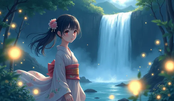 high quality, Very detailed, Illustration, waterfall、firefly、girl、Anime Style、night