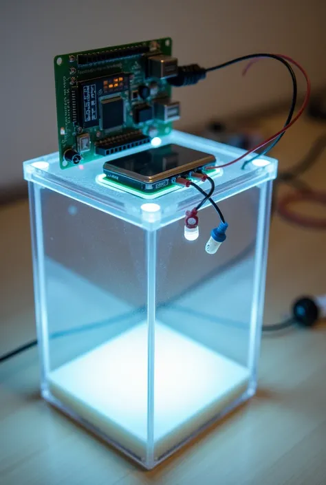 Diagram for milk quality monitoring system and fat content measurement project contains arduino, jumper wires, pH , temperature, MQ135 gas, LDR  sensors , acrylic box , lcd display, led module, and milk sample in acrylic box all the sesors are place at top...