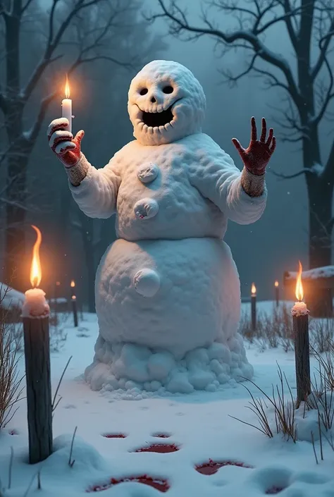 A large garden in which a snowman has been erected, with cut-off human hands stuck into its body and holding a candle. Around this snowman are large burning torches and drops of blood can be seen on the ground. 