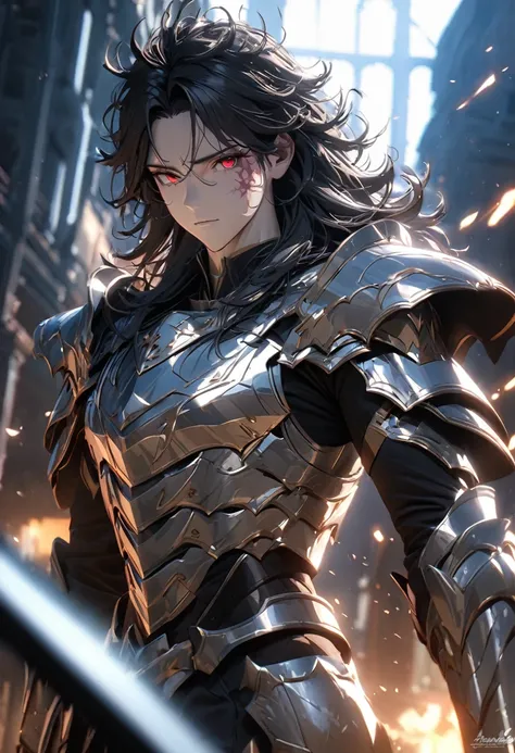 (solo), black hair, messy hair, mane hair, medium hair, dense hair, wild hair, expressive hair, mature,(2), pale skin, red eyes, ((man)), handsome guy, wearing a silver armor, armored arms, armored legs, claws,, beautiful, attractive, eye reflection, depth...