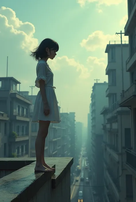 Girl standing on rooftop looking boy who is on street road