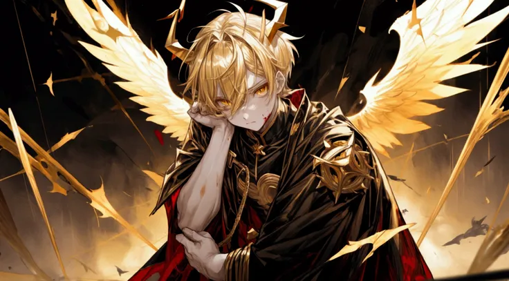 Male angel with blond short hair, two golden horns on the forehead, yellow eyes, torn black clothes, blood angel, four elements flying around, divine crown, male character ((JUST A CHARACTER), teenage traits