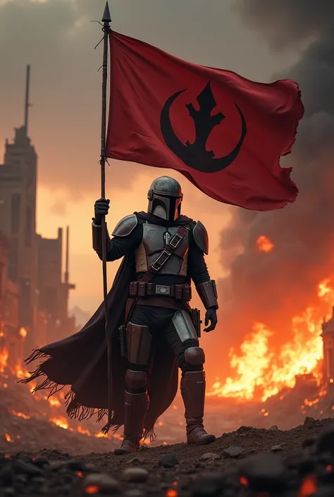 Mandalorian holding a flag with the symbol of the siht from starwars in a burning apocalypse setting