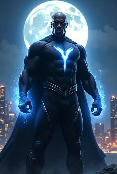 8k, high resolution, super detailed, solo, Black Bolt (Marvel), wearing his iconic black suit with silver lightning symbol, no cape, standing in a dynamic pose, face exposed, glowing blue energy around him, realistic style, moonlit night, city skyline in t...