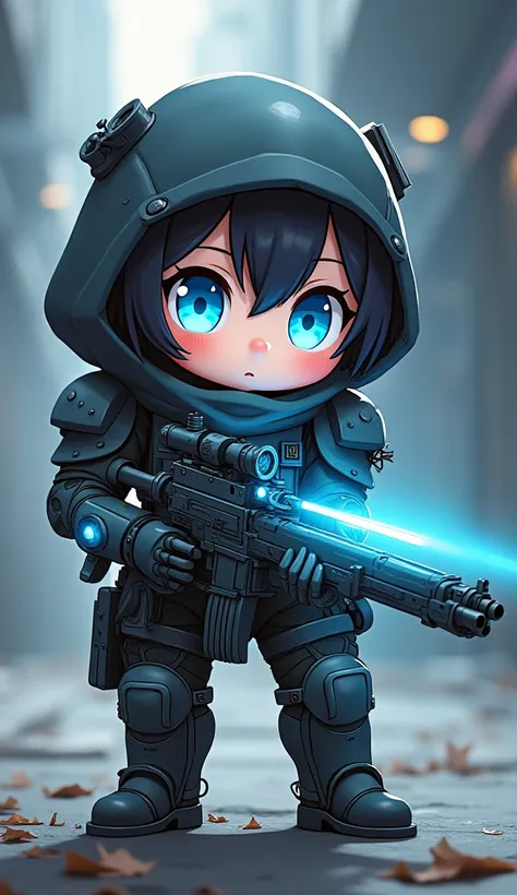 anime, chibi, girl skitarii ranger adeptus mechanicus, futuristic sniper weapon in hands, glowing blue eyes, cuteness