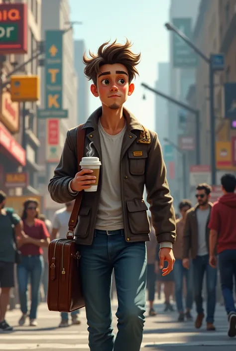 Jake, a young man, walking through a crowded city street with a stressed expression, holding a briefcase and coffee. Realistic