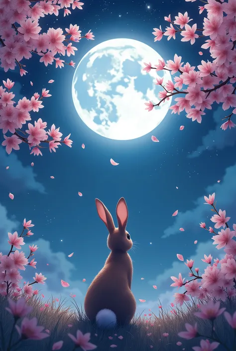 Double cherry blossoms blooming under the full moon、Back view of a rabbit looking at the moon、Twinkling stars around the moon、Cherry blossom petals dance with the wind、