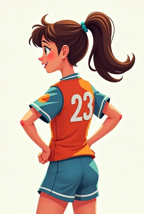 Cartoon character girl that is wearing a jersey number 23 and her hair styled as ponytail and she is turned back pose