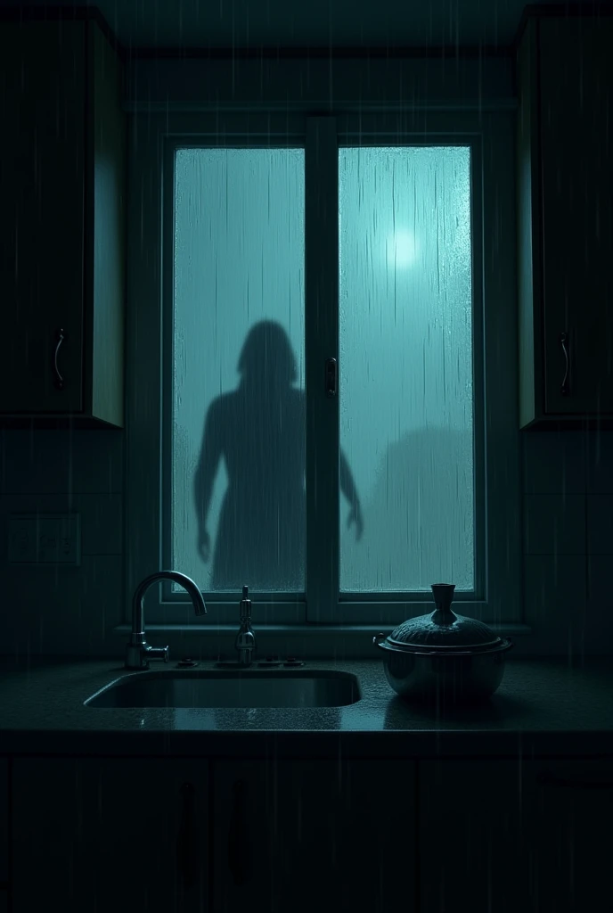 Kitchen Window with Movement: Anjali reaches the kitchen and notices some movement outside the window. The rain is pouring down, and she sees a faint shadowy figure just outside the glass, moving quickly and mysteriously.