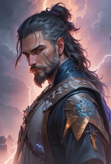 a close up of a man with a beard and a lightning on his face, graphic artist magali villeneuve, by Magali Villeneuve, magali villeneuve, d&d trending on artstation, fantasy card game art, painted portrait of rugged zeus, portrait of geralt of rivia, epic f...