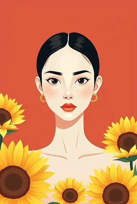 Minimalistic vector design women face with no earings straight face light red backgrounds no earings with sunflowers background 