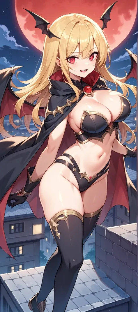 Best Quality, One girl, teenager,（Long golden hair:1.4), Large Breasts,large ass , Red eyes, standing, Double teeth，Rooftop，night，Red Moon，Wings,Black shiny decoration cape,black shapewear,cleavage,navel,