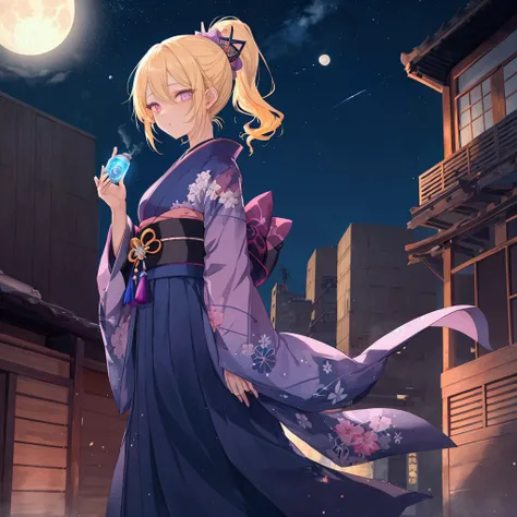 Anime Adult woman with yellow hair with a ponytail and cold sharp pink almond eyes, cold features. Wearing a dark blue kimono with luminous shining patterns and details, holding a blue perfume bottle next to her that glows in the air, walking on the roof o...