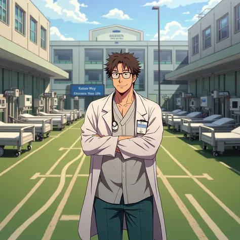 Please create an anime of this picture as Male Doctor with galsses in general ward of hospital containing beds,ecgs and ward have wall frame written as kiazen way elevate your life