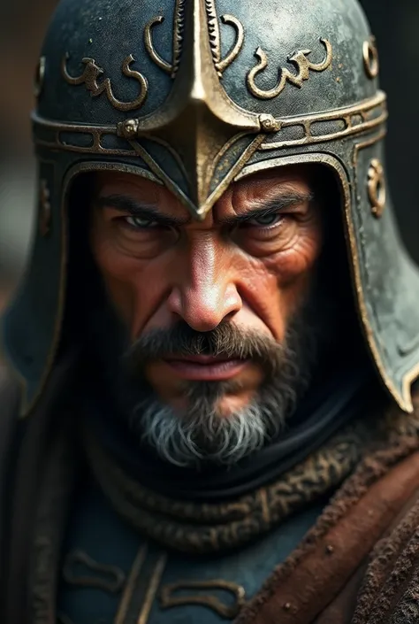 Close up of a soldier face, determination in his eyes,ancient armor