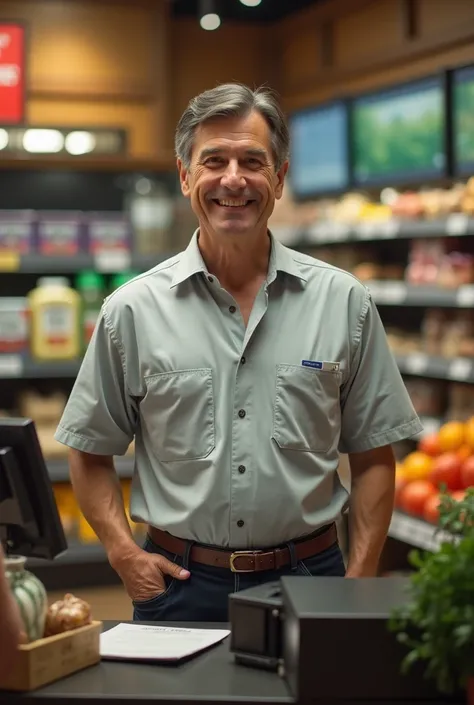 the cashier, man, in work clothes, smiles, Russian, looks ahead