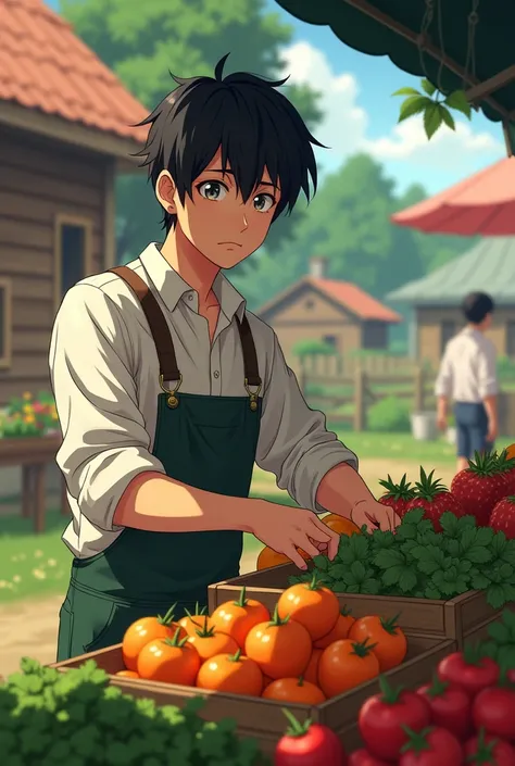 (photorealism:1.2),a young anime, farmer, man, Canadian, short hair, blown eyes, sad, unhappy, cute, no beard, wear shirt, farm and wood home in background, outdoor,he sell vegetables in market, anime.