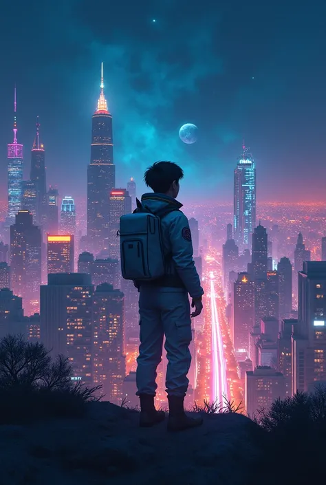  student, astronaut background, night time city background