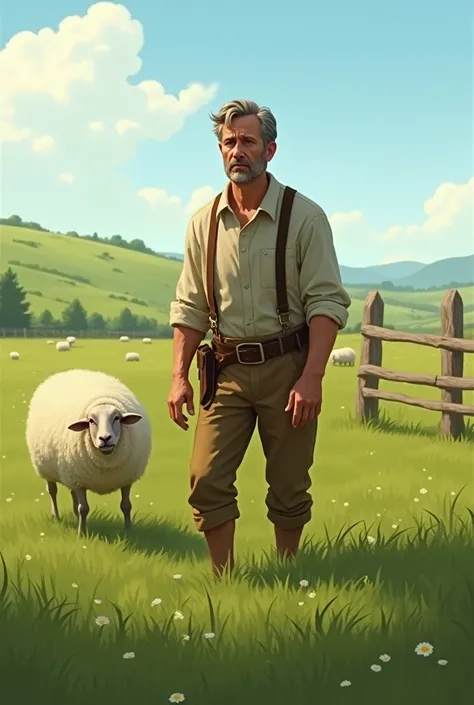 A man standing in a grassy field, looking frustrated as he searches for a missing sheep among other scattered sheep near a wooden fence, his expression worried