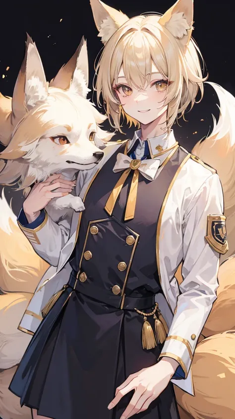 male, Beige Hair,Fox Ears, Wolf Cut, smile, uniform