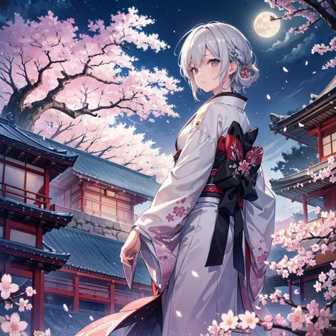 Gray Hair,male ,Fantasy,full moon,night,magic,cherry blossoms,Beautiful Star々,Shortcuts,Japanese Landscape