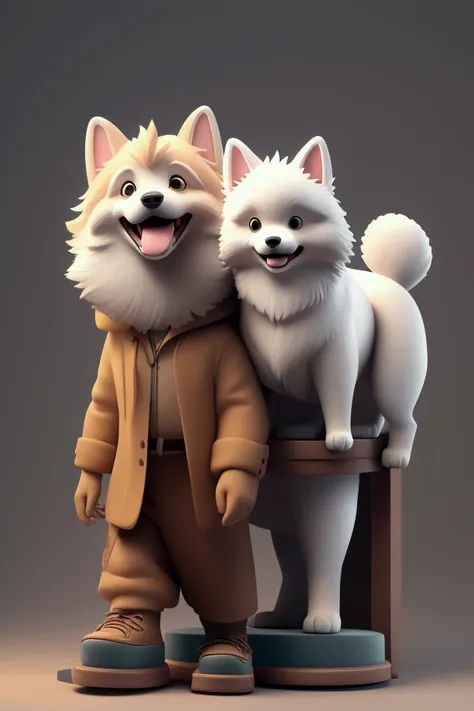 3D cartoon style, a  walking downstairs with a dog, the dog is a Samoyed