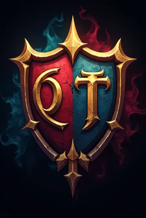 I want a logo for a World of Warcraft guild that has the shields of the Alliance and the Horde and also has the letters "OUT" written literally on it 