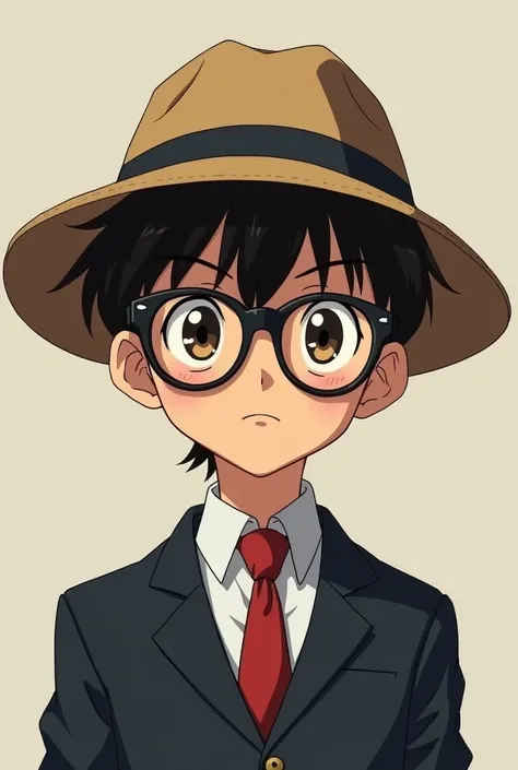 Portrait of a boy wearing a suit and a farm hat with the detective Conan Glasses 