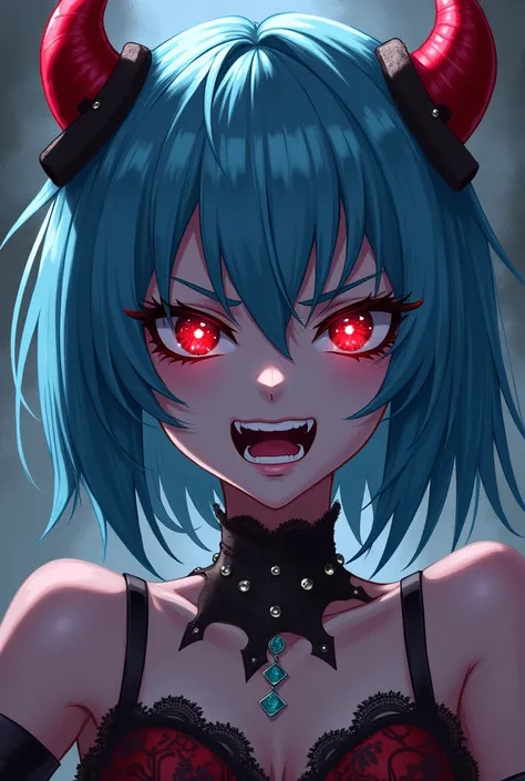 Devilish　Anime 1 Girl, Open your mouth, Red eyes, accessories, High resolution, Shortcuts, Blue Hair/Light blue hair, Heavy makeup, Frowning, Slanted Eyes, Angry, A disdainful look, 