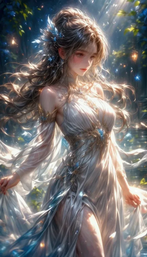 a spirit. The character has a transparent, ethereal body, and is designed to be integrated with natural elements. Her hair and clothes are fluid, like wind, water, and leaves, and sparkle every time the light shines on them. The expression of the spirit is...