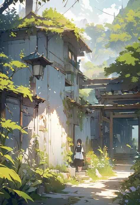 Created exquisite illustrations reminiscent of Makoto Shinkai&#39;s style, Features extremely fine detail and top quality. Angelic, Detail of a woman walking, A woman is wearing a hoodie,  The best building in the city, road, sunrise, horizon, Skyline, In ...