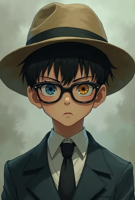 Portrait of a boy wearing a suit and a farm hat with the detective Conan Glasses and an sharinggan eye