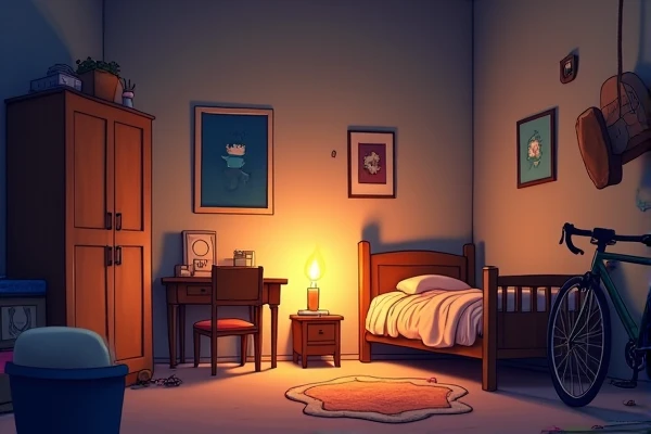 a dark room looking like a child bedroom, only lighted by a candle on a saucer. a bed, a table, a chair, a wardrobe and a cycle standing with the wall ... And, here and there, several objects. 
cartoon Vector image