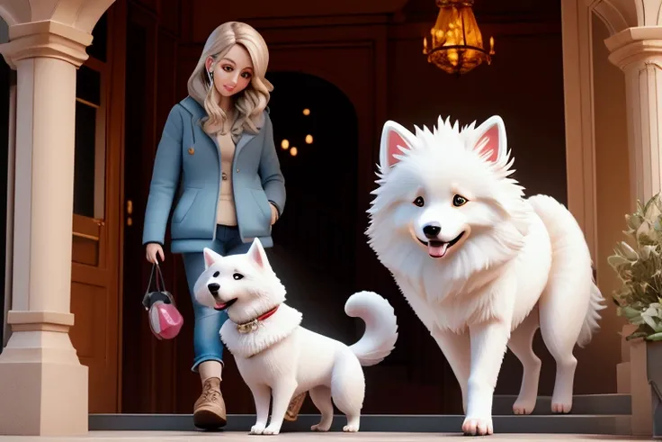 A  is walking downstairs with a dog, the dog is a Samoyed