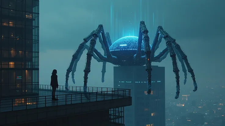 sci-fi, fantasy, conceptual, abstract, integrated circuit, hologram, medium shot of a spider-like glowing server on top of a aerial-view huge building located on the left side of the screen, network, data flow, dark sky background. A close-up half-body fem...