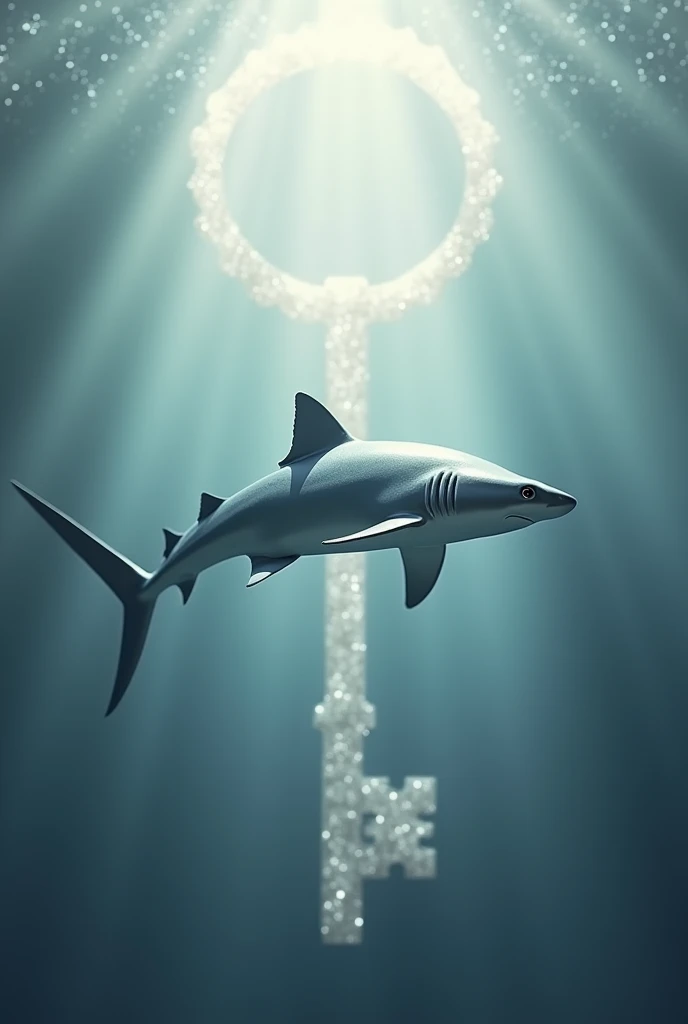 Pygmy Shark** : A small agile shark, with rays of light in the background, symbolizing guidance. The silver gray background may include a key, in reference to Saint Peter, the keeper of the keys to heaven.