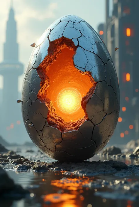 Gravity-Defying Egg: "A futuristic egg that appears to bend the laws of physics, with chunks of its metallic surface floating apart and rearranging themselves while defying gravity. The eggs core is a glowing singularity, radiating bright light. The backgr...