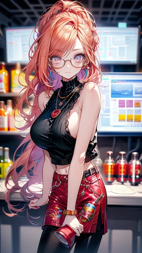 girl with glasses alchemist crimson eyes red hair long ponytail huge breasts flask beaker fantasy