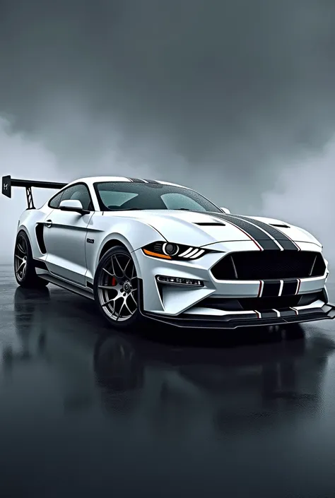 create a game cover, with a white mustang with a black hood, half lowered, spoiler therefore, TINTED WINDOWS, and chrome rims, at an angle showing the front and side of the car