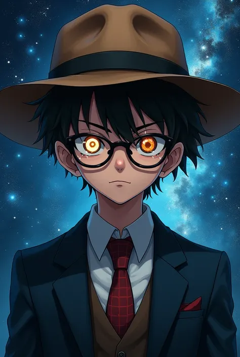 Portrait of a boy wearing a suit and a farm hat with the detective Conan Glasses and an sharinggan eye with a starry sky background 