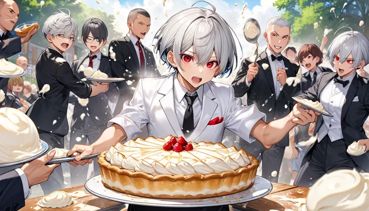 (panoramic), (beautiful and comedy), (cream Pie Throwing Competition) (in the outside school), (((many cream pie throwing))) (solo:2, 16 yo) (detailed crew cut) (beautiful silver hair very short hair) (cool divine fighter boy), (cool detailed red eyes), (s...