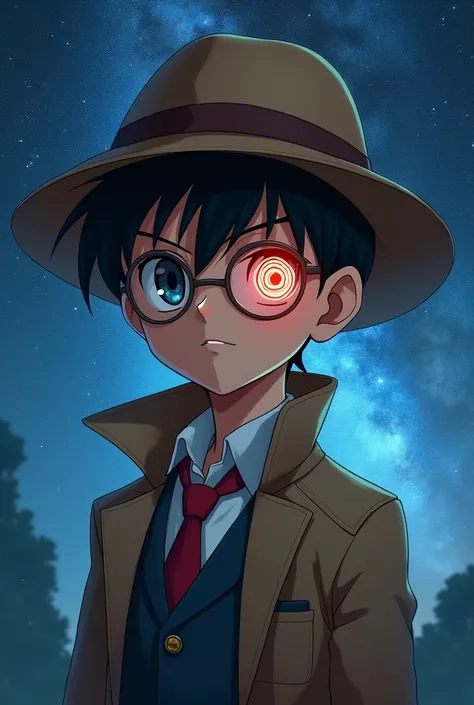 Portrait of a boy wearing a suit and a farm hat with the detective Conan Glasses and a Sasukes sharinggan eye with a starry sky background 